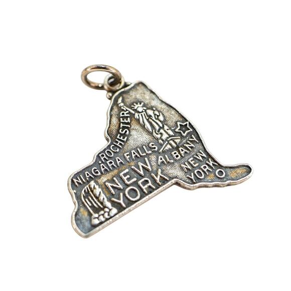 Vintage JMF Travel New York State Map Sterling Silver Charm Oxidized Textured - Picture 1 of 4
